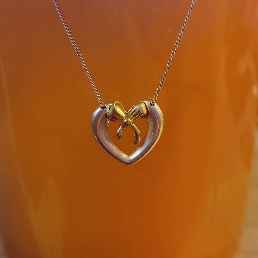 Tiffany & Co 18k gold and 925 Silver Vintage Heart & Bow Necklace 17 inch COA - Picture 11 of 14